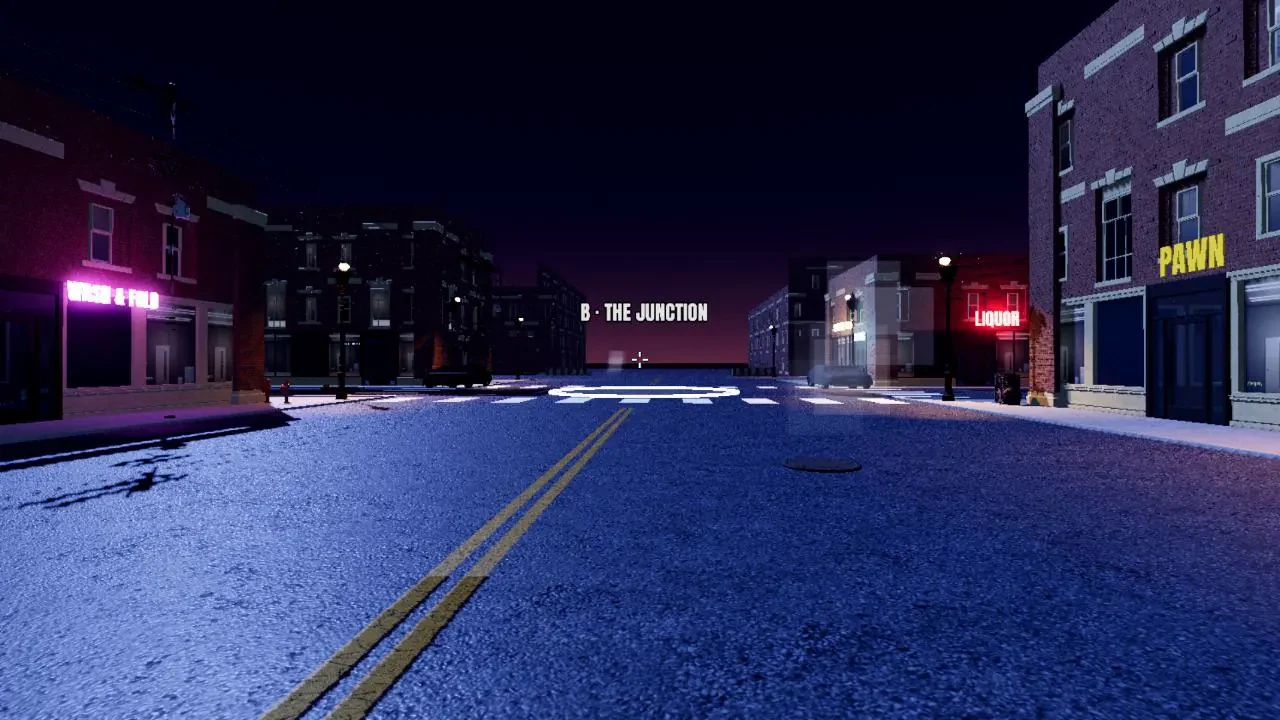 A street at night in an official Hood Warfare cinematic still