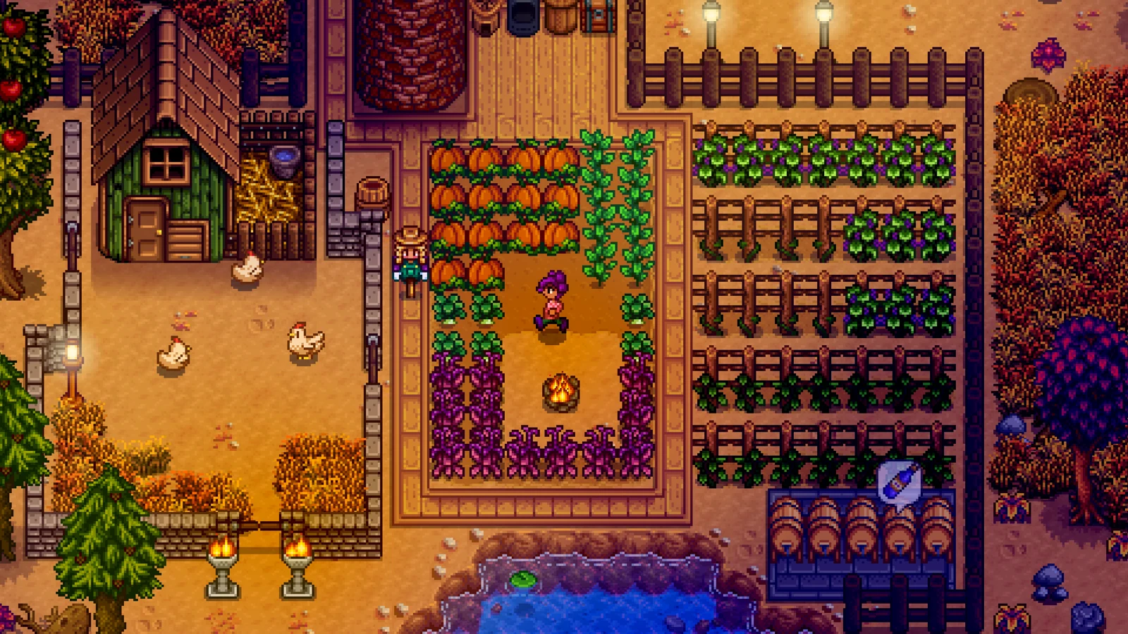 Stardew Valley farm at dusk from the official press kit